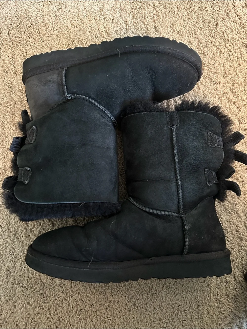 UGG Bailey Bow Tall Black Triple Bow Suede Sheepskin Boots Women’s 7